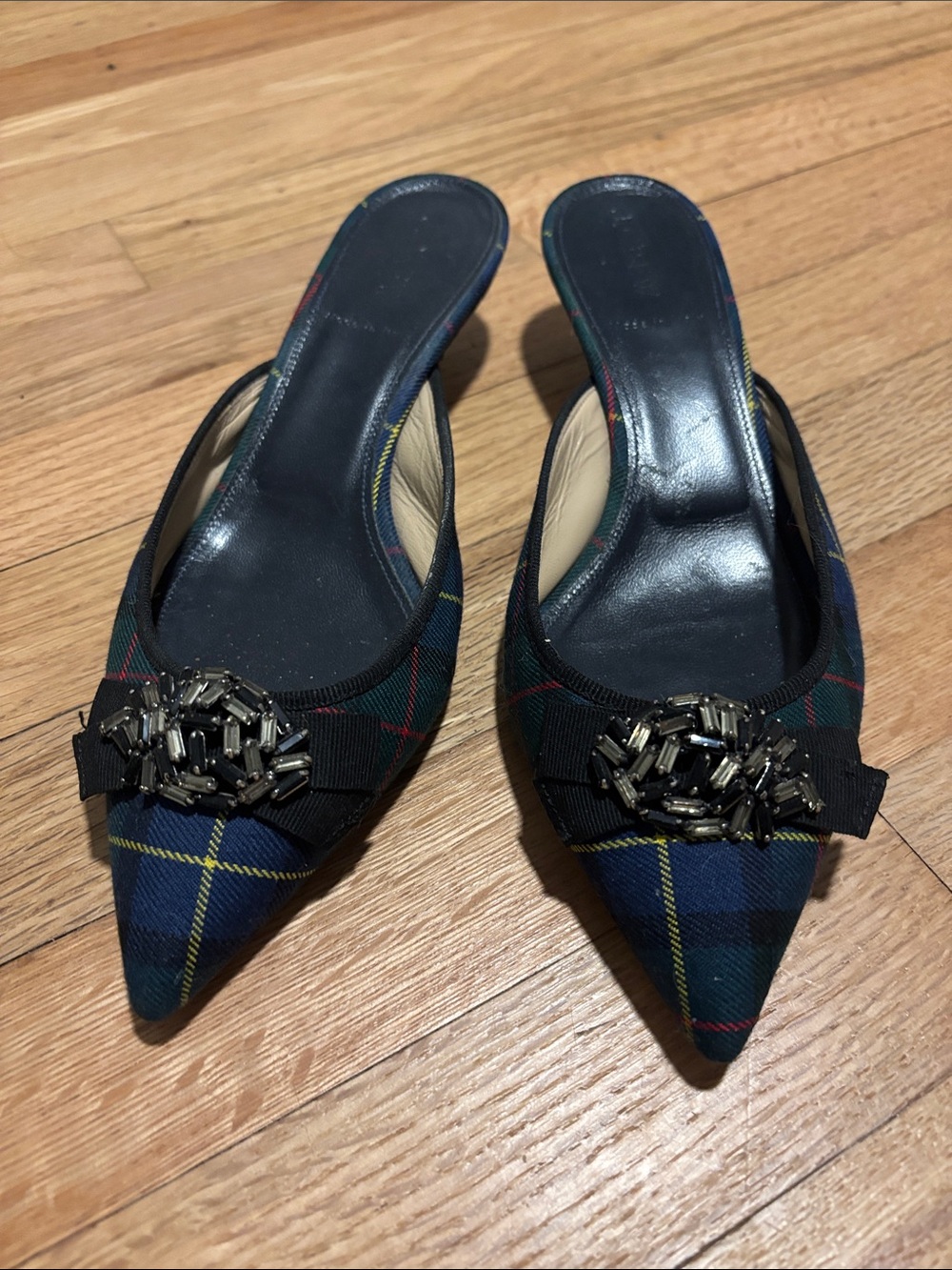 J. Crew Navy Tartan Pointed Mules with Beaded Bow